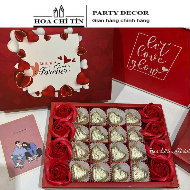 Socola Valentine Hôp Đỏ 8 Hoa và 16 Viên Tim Vàng